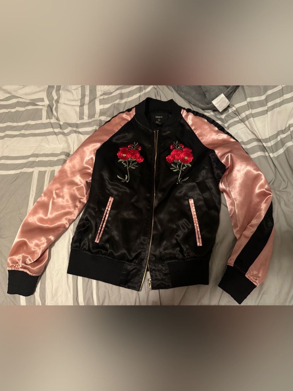 Forever 21 Embroidered Rose Satin Bomber (Size S)